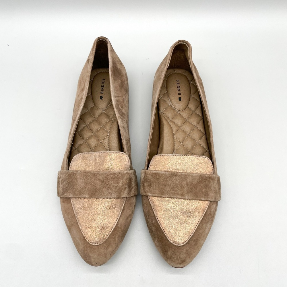 Birdies Womens 10 Blackbird Loafers Shoes Oak Shimmer Suede Preppy Office Travel